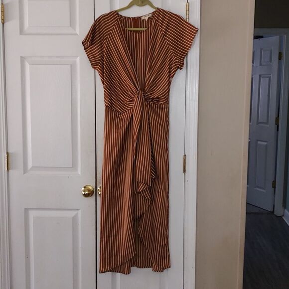 Sandy & Sid brown and white striped wrap front dress Sz M - Picture 1 of 6